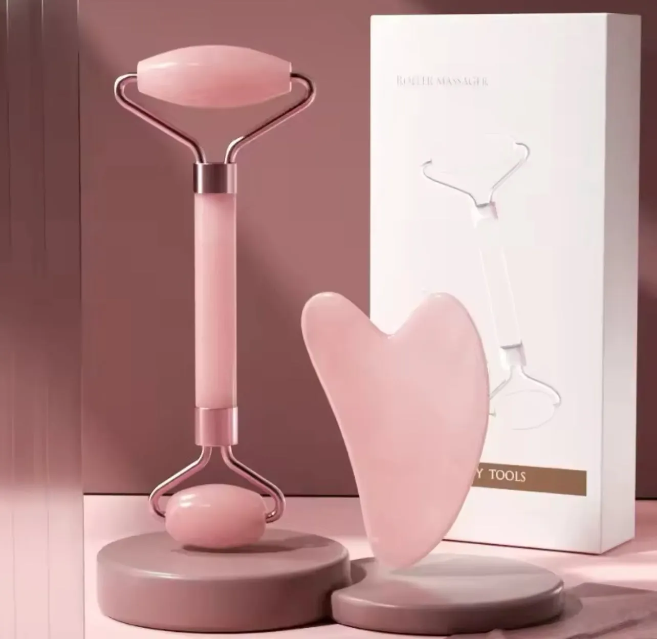 2Pcs Face Massager Roller & Gua Sha Board Set