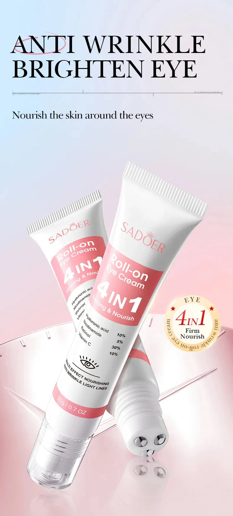 SADOER 4in1 Roll-on Moisturizing Eye Cream Anti Dark Circles Eyes Bags Firming Moisturizing Eye Serum Skin Care for Beauty Eyes