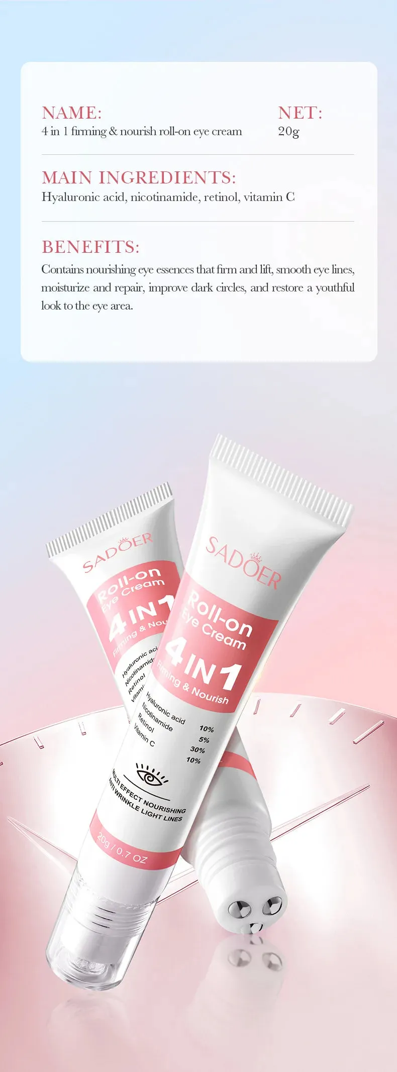 SADOER 4in1 Roll-on Moisturizing Eye Cream Anti Dark Circles Eyes Bags Firming Moisturizing Eye Serum Skin Care for Beauty Eyes